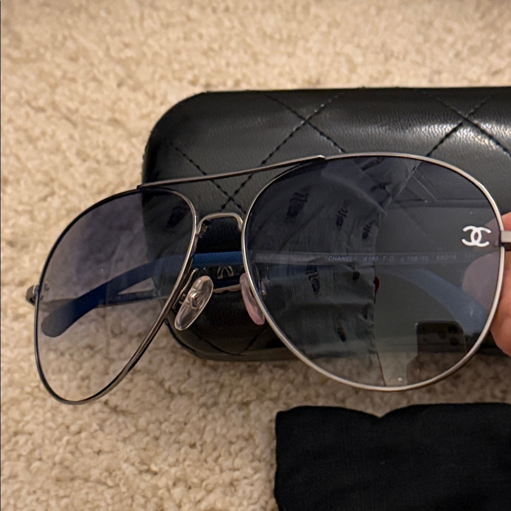 Chanel Silver and Blue Aviator Sunglasses with Black Case